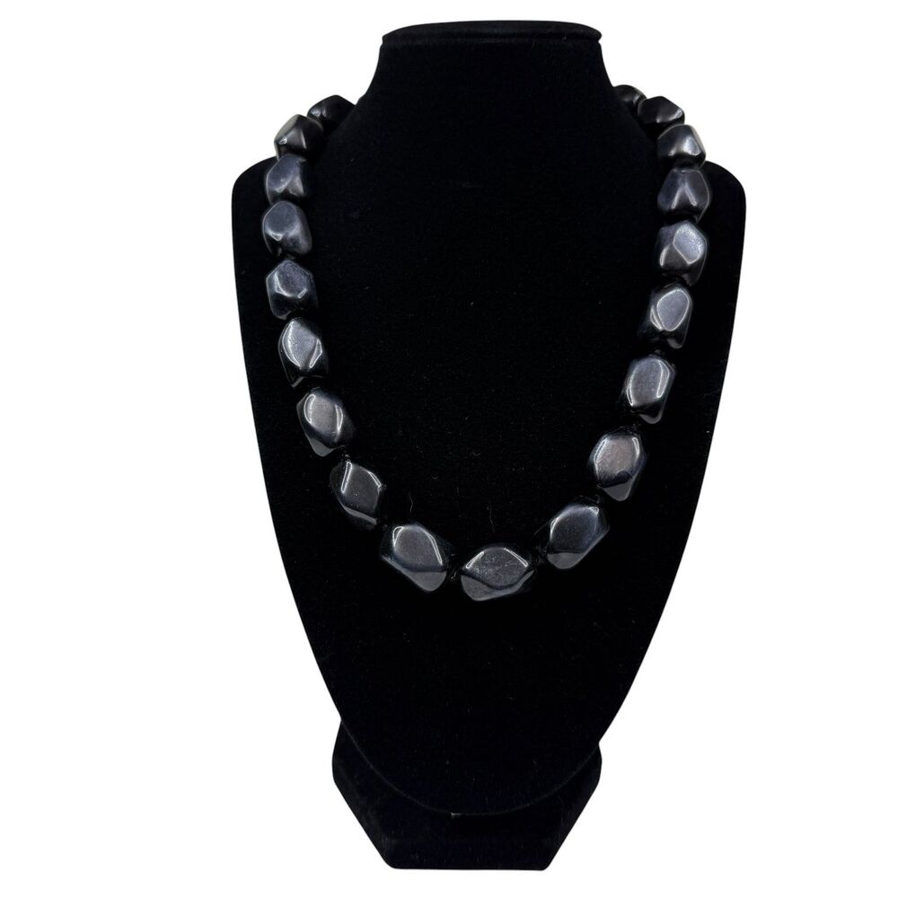 Sterling Silver 925 Chunky Black Onyx Stone Beaded Necklace Lobster Clasp 20"